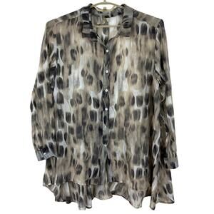 comfy USA 1X Tunic Blouse Top White Brown abstract flowly semi sheer lagenlook